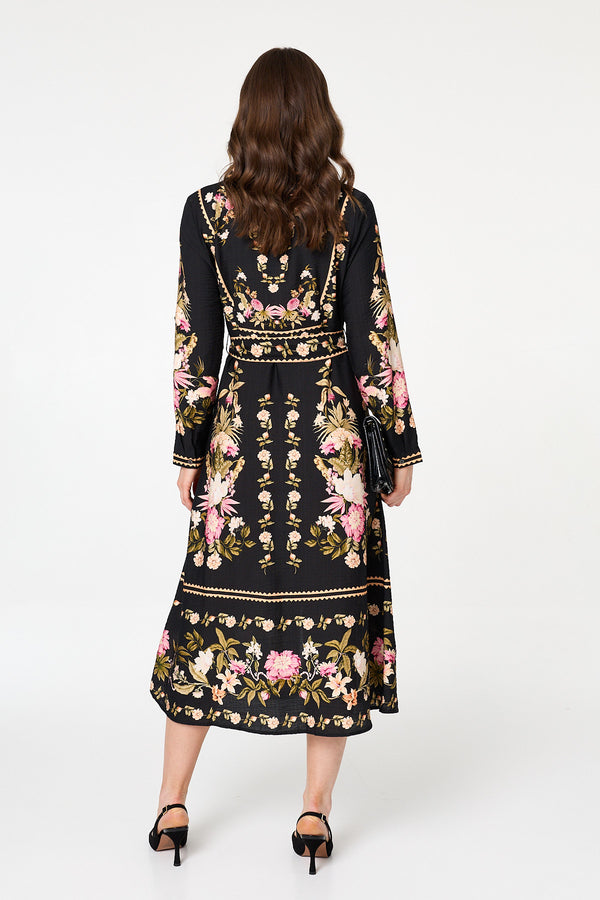 Black | Floral Tie Front Long Sleeve Midi Dress