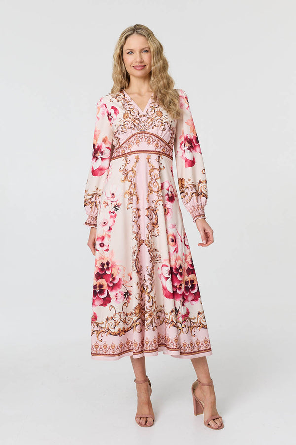 Pink | Baroque Print Long Sleeve Midi Dress