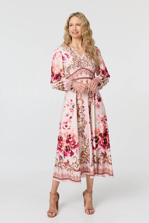Pink | Baroque Print Long Sleeve Midi Dress