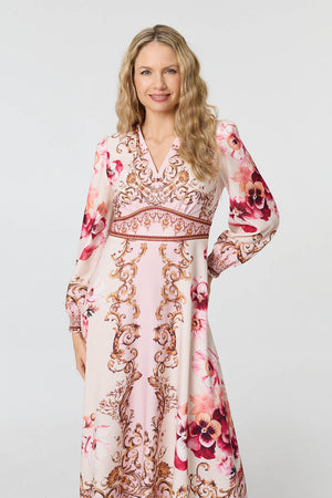 Pink | Baroque Print Long Sleeve Midi Dress