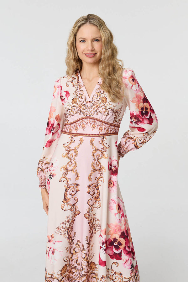 Pink | Baroque Print Long Sleeve Midi Dress