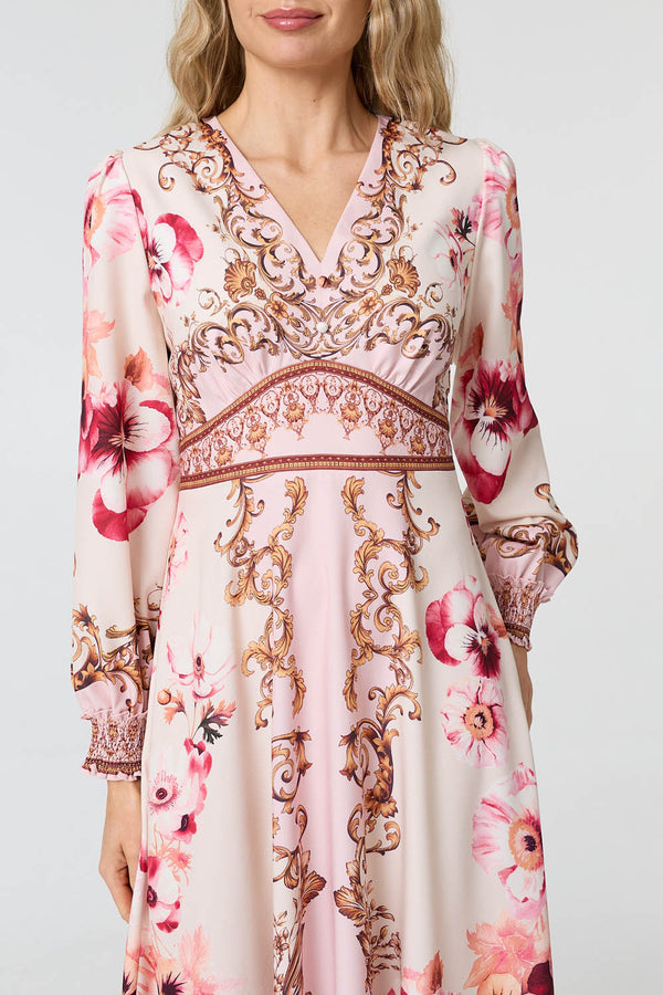 Pink | Baroque Print Long Sleeve Midi Dress