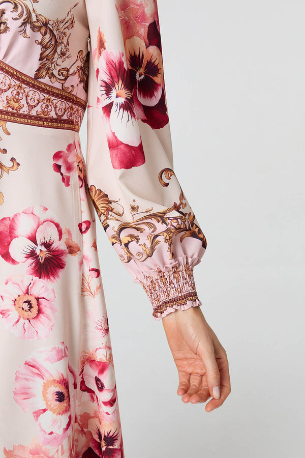 Pink | Baroque Print Long Sleeve Midi Dress