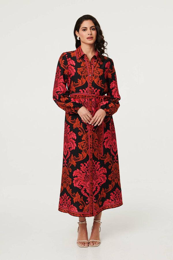 Red | Baroque Print Long Sleeve Maxi Dress