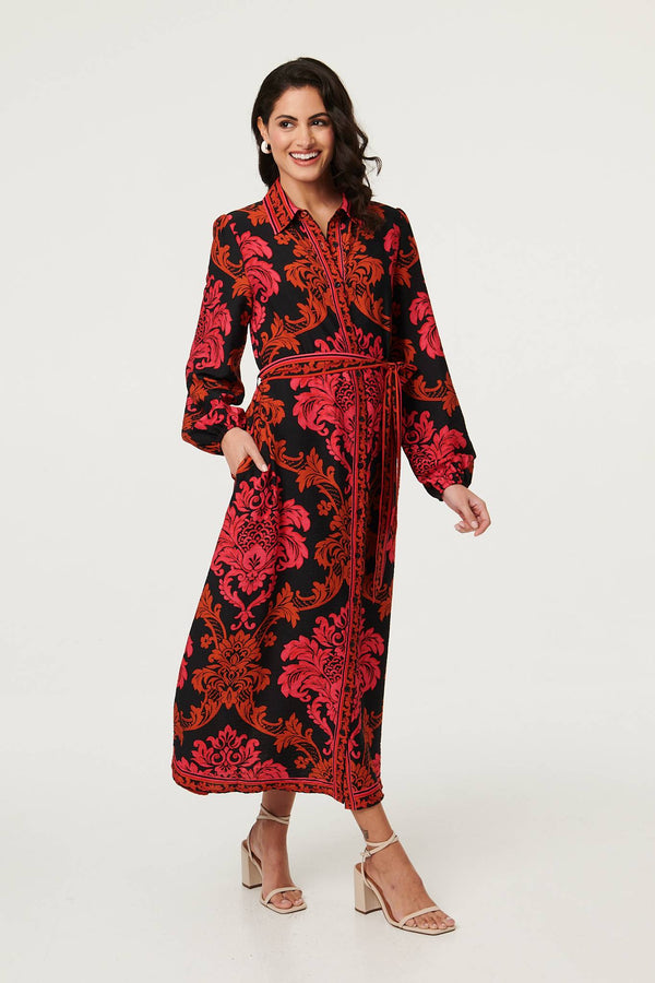 Red | Baroque Print Long Sleeve Maxi Dress