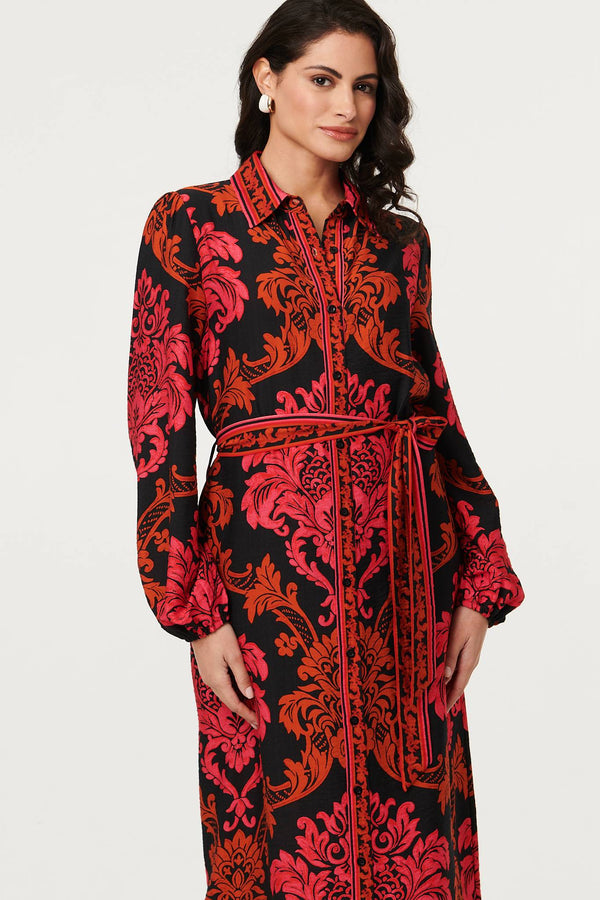 Red | Baroque Print Long Sleeve Maxi Dress