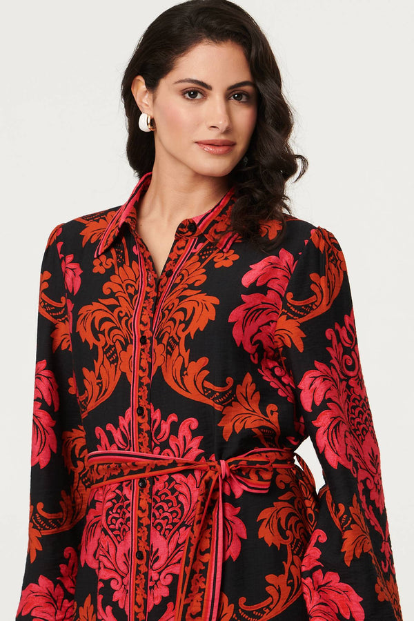 Red | Baroque Print Long Sleeve Maxi Dress