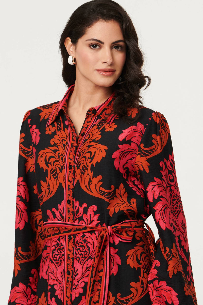 baroque print maxi dress Baroque Print Long Sleeve Maxi Dress