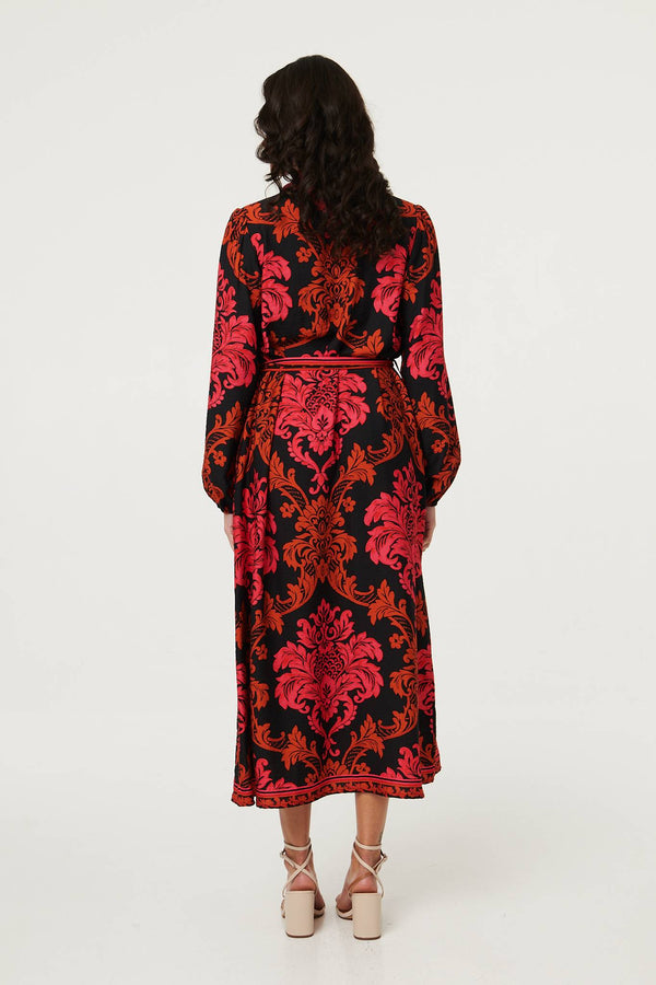 Red | Baroque Print Long Sleeve Maxi Dress
