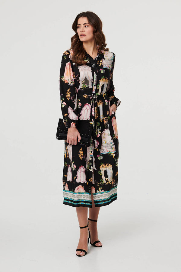 Black | Abstract Long Sleeve Shirt Midi Dress