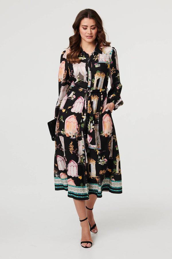 Black | Abstract Long Sleeve Shirt Midi Dress