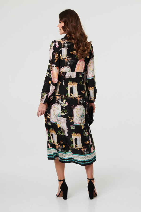 Black | Abstract Long Sleeve Shirt Midi Dress