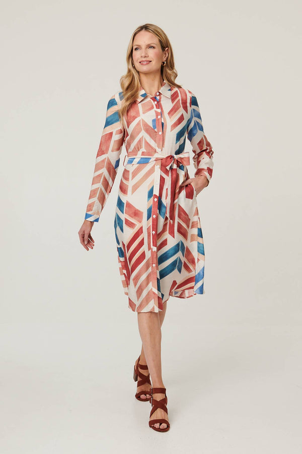Red | Geo Print Tie Waist Midi Shirt Dress