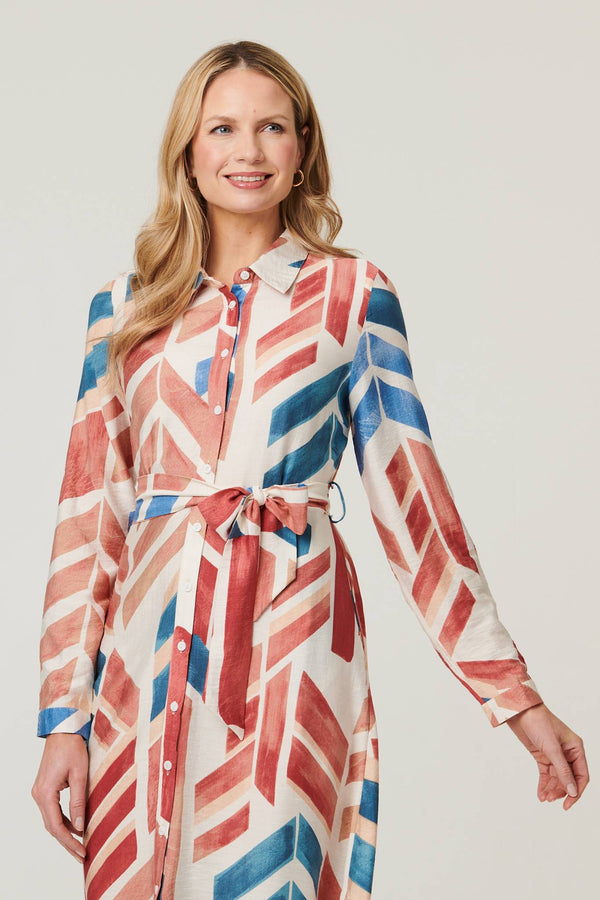 Red | Geo Print Tie Waist Midi Shirt Dress