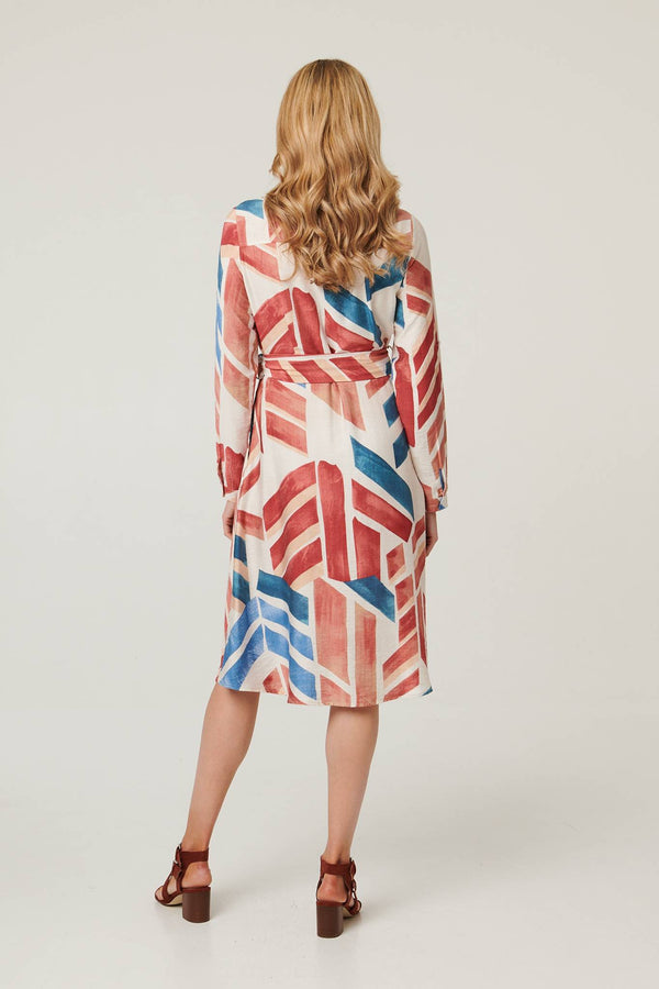 Red | Geo Print Tie Waist Midi Shirt Dress