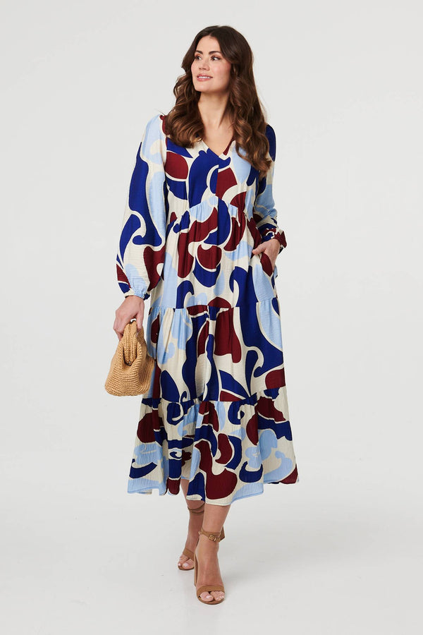 Blue | Abstract Tiered Long Sleeve Midi Dress