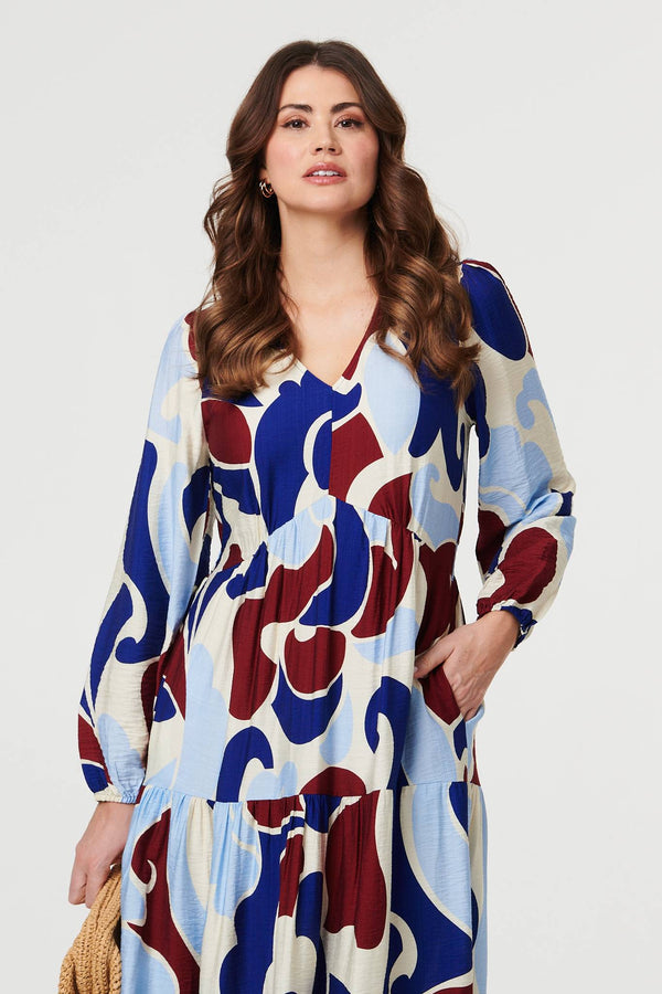 Blue | Abstract Tiered Long Sleeve Midi Dress