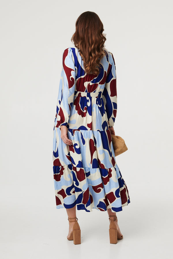 Blue | Abstract Tiered Long Sleeve Midi Dress