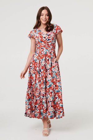 Orange | Ruched Tie Back Cap Sleeve Maxi Dress
