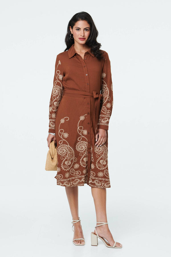 Brown | Embroidered Long Sleeve Shirt Midi Dress