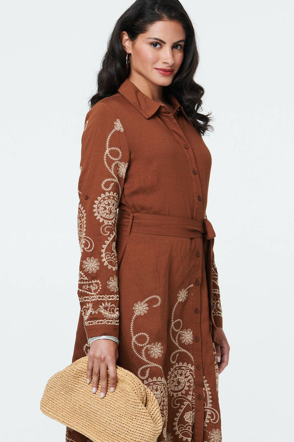 Brown | Embroidered Long Sleeve Shirt Midi Dress