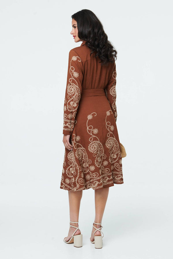 Brown | Embroidered Long Sleeve Shirt Midi Dress