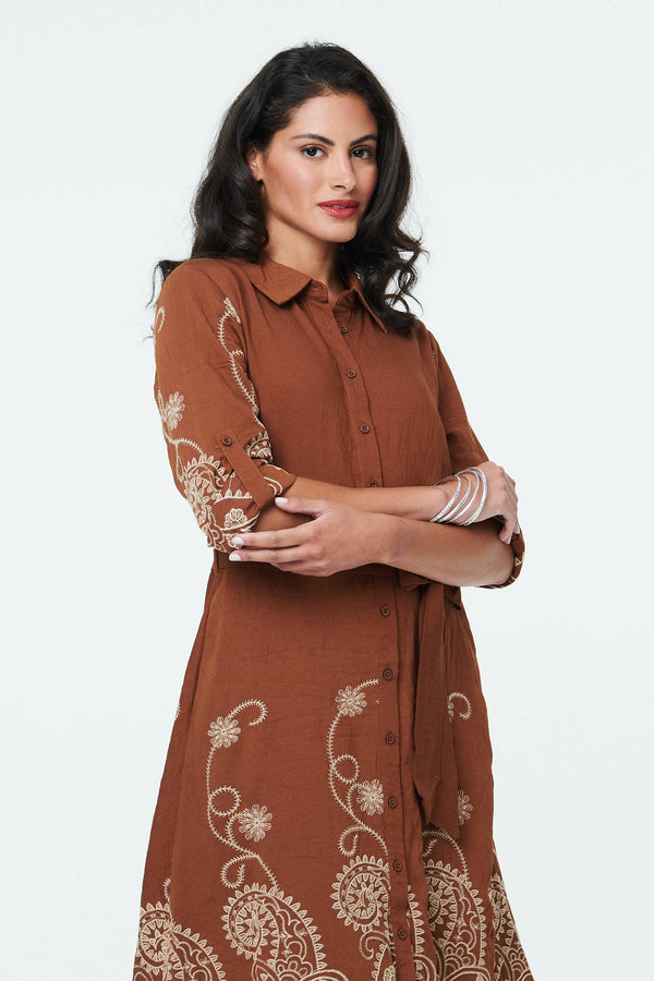 Brown | Embroidered Long Sleeve Shirt Midi Dress