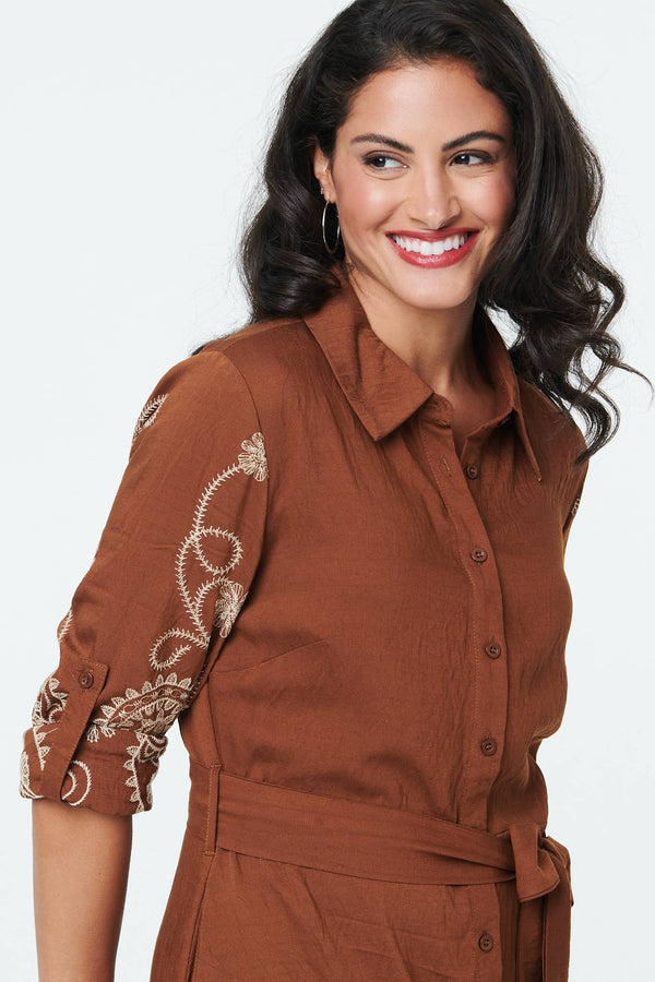 Brown | Embroidered Long Sleeve Shirt Midi Dress
