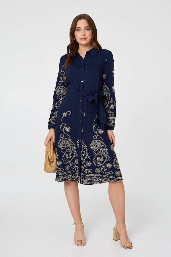 Navy | Embroidered Long Sleeve Shirt Midi Dress