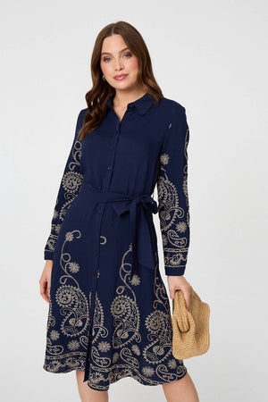 Navy | Embroidered Long Sleeve Shirt Midi Dress : Model is 5'9