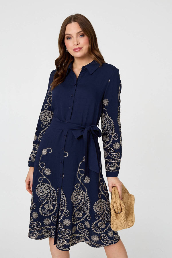 Navy | Embroidered Long Sleeve Shirt Midi Dress