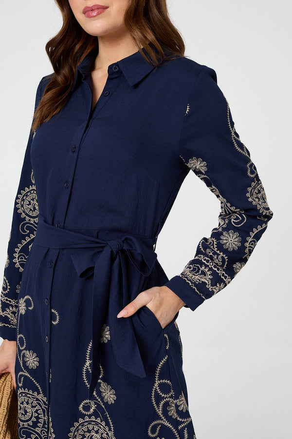 Navy | Embroidered Long Sleeve Shirt Midi Dress