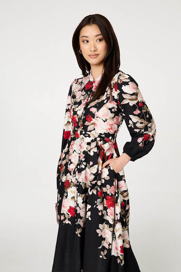 Black | Floral Tie Waist Long Sleeve Midi Dress