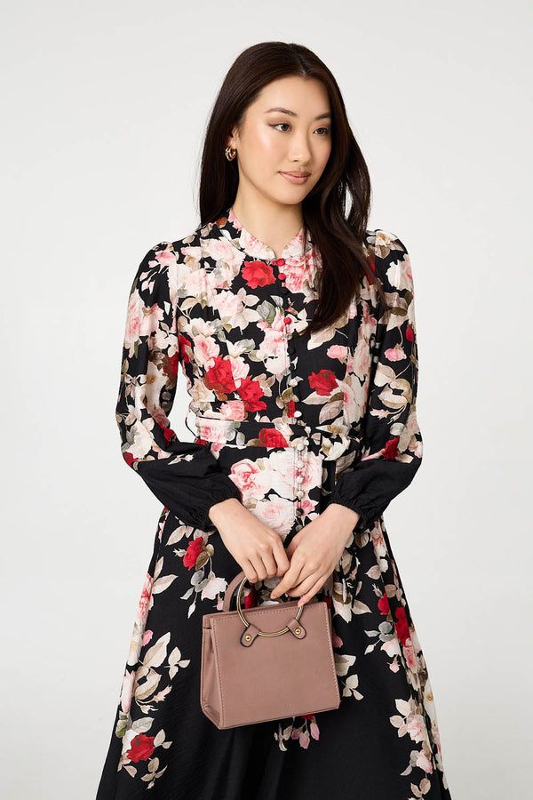 Black | Floral Tie Waist Long Sleeve Midi Dress