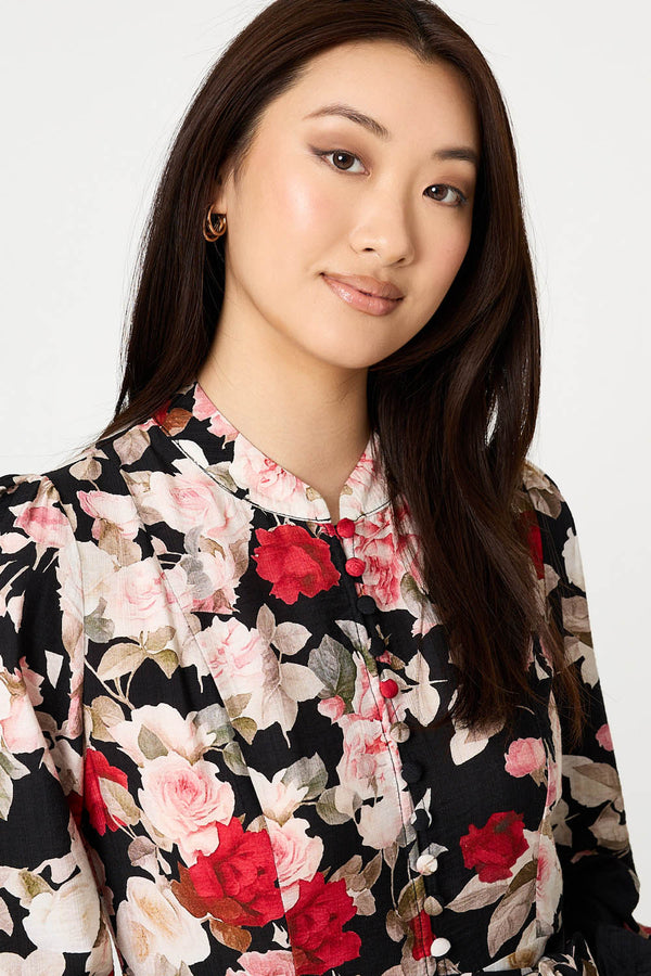 Black | Floral Tie Waist Long Sleeve Midi Dress