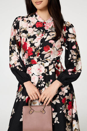 Black | Floral Tie Waist Long Sleeve Midi Dress