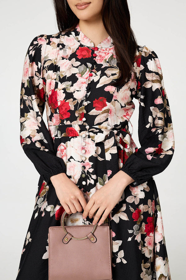 Black | Floral Tie Waist Long Sleeve Midi Dress