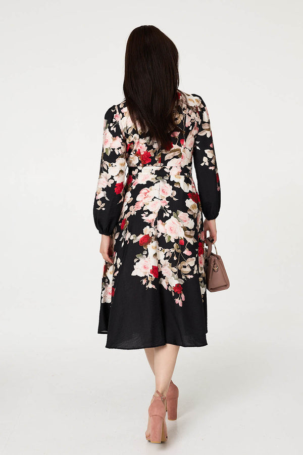 Black | Floral Tie Waist Long Sleeve Midi Dress