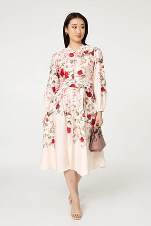 White | Floral Tie Waist Long Sleeve Midi Dress : Model is 5'9