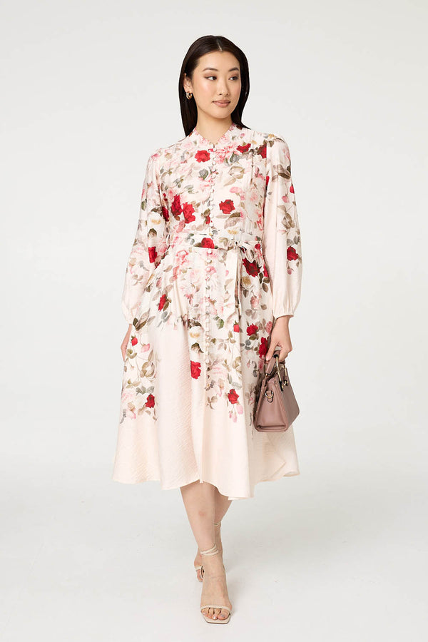 White | Floral Tie Waist Long Sleeve Midi Dress : Model is 5'9"/175 cm and wears UK8/EU36/US4/AUS8