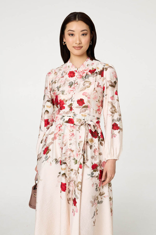 White | Floral Tie Waist Long Sleeve Midi Dress
