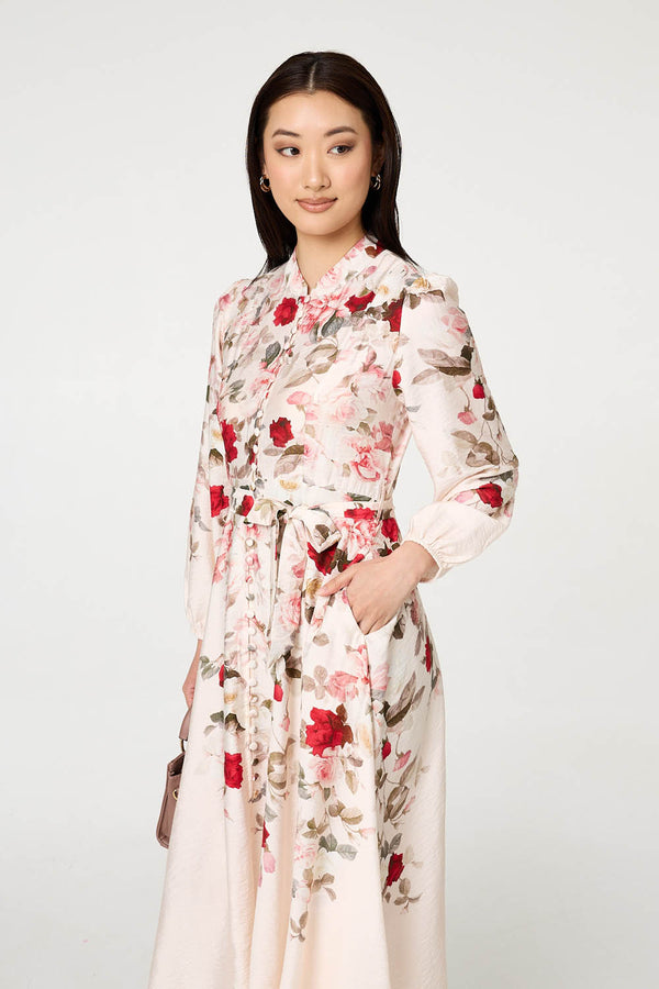 White | Floral Tie Waist Long Sleeve Midi Dress
