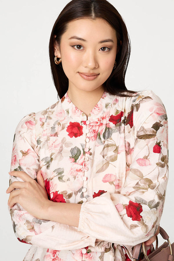 White | Floral Tie Waist Long Sleeve Midi Dress