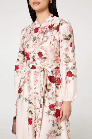 White | Floral Tie Waist Long Sleeve Midi Dress