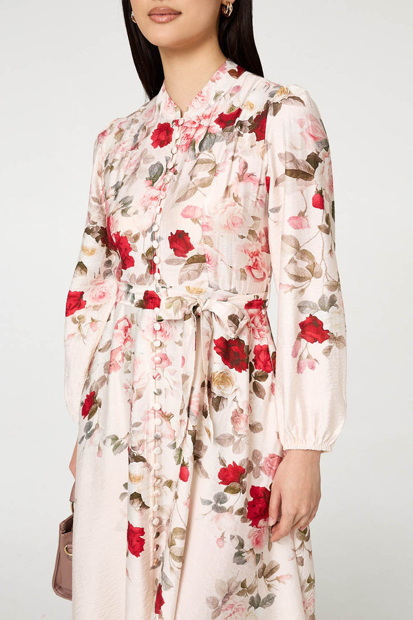 White | Floral Tie Waist Long Sleeve Midi Dress