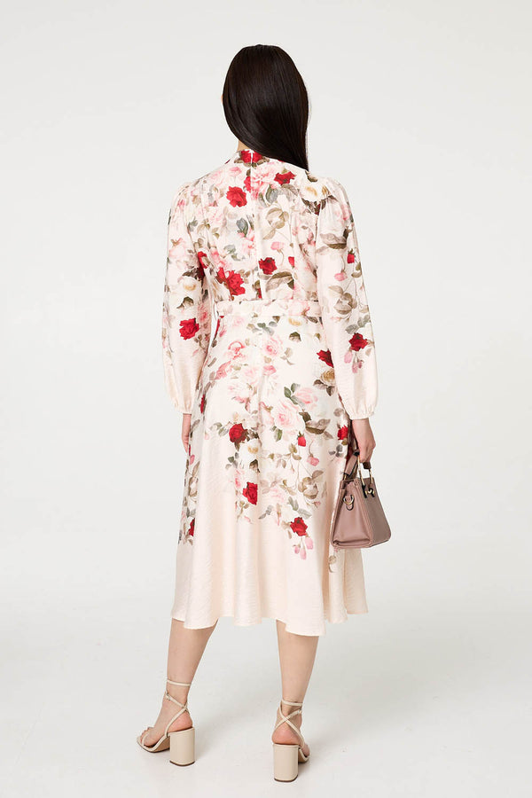 White | Floral Tie Waist Long Sleeve Midi Dress
