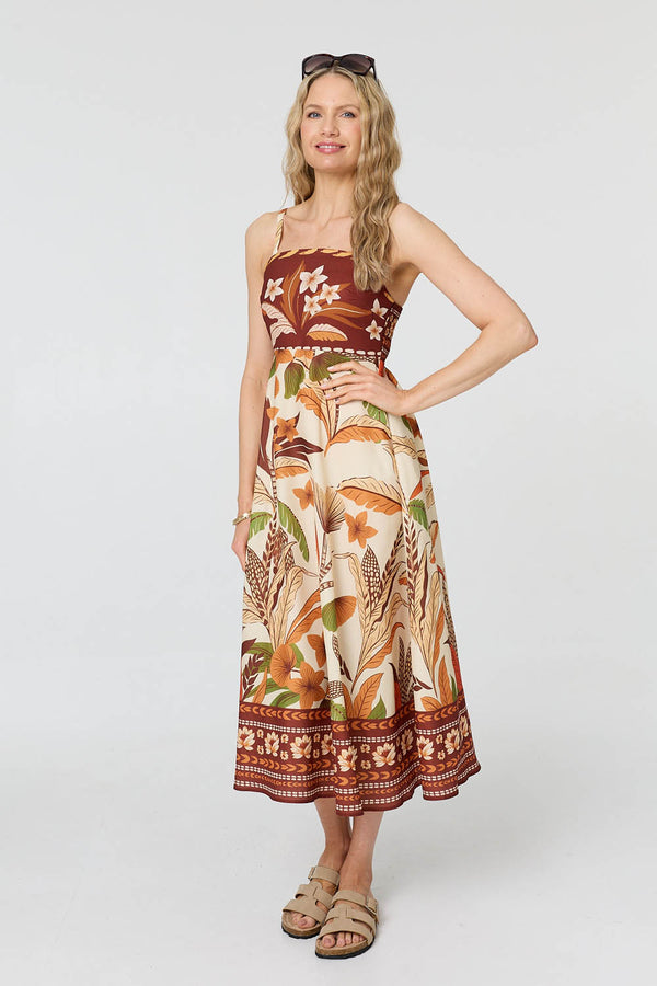 Brown | Floral Cami Strap A-Line Midi Dress