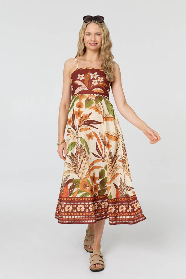 Brown | Floral Cami Strap A-Line Midi Dress