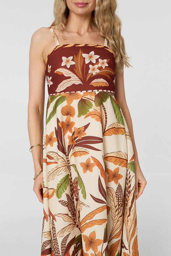 Brown | Floral Cami Strap A-Line Midi Dress