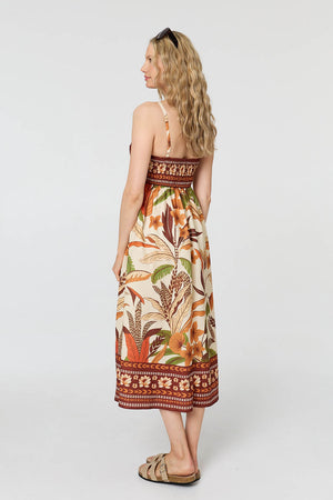 Brown | Floral Cami Strap A-Line Midi Dress